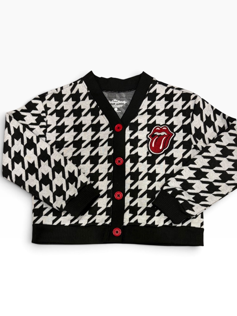 Rolling Stones Black & White Houndstooth Cardigan with Red Buttons Tongue Patch